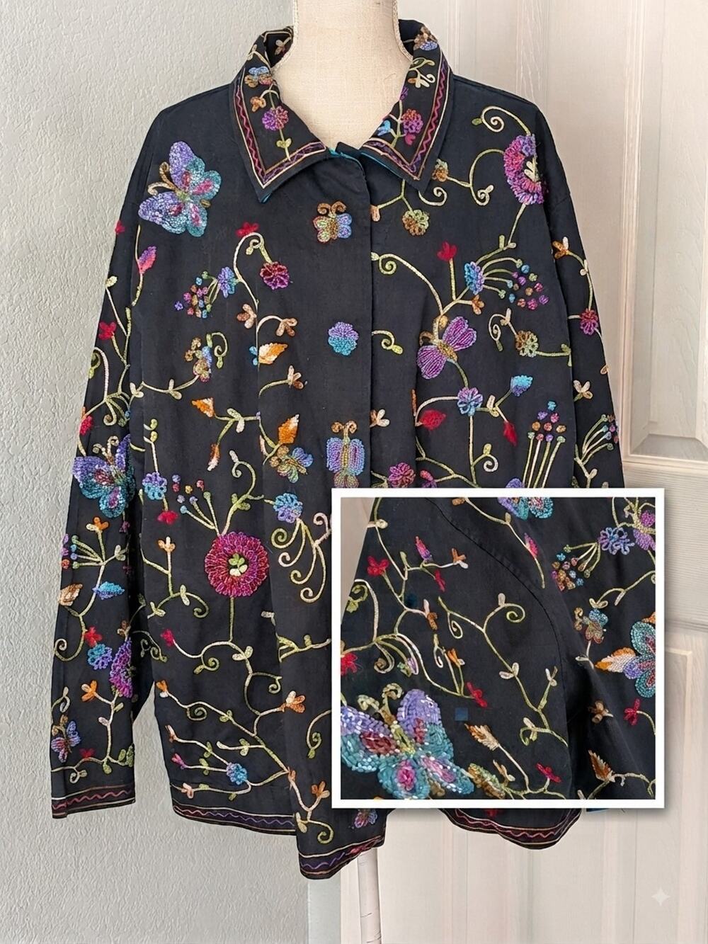 Quacker Factory 3X Black Jacket Embroidered Beaded Flowers Butterflies Whimsical